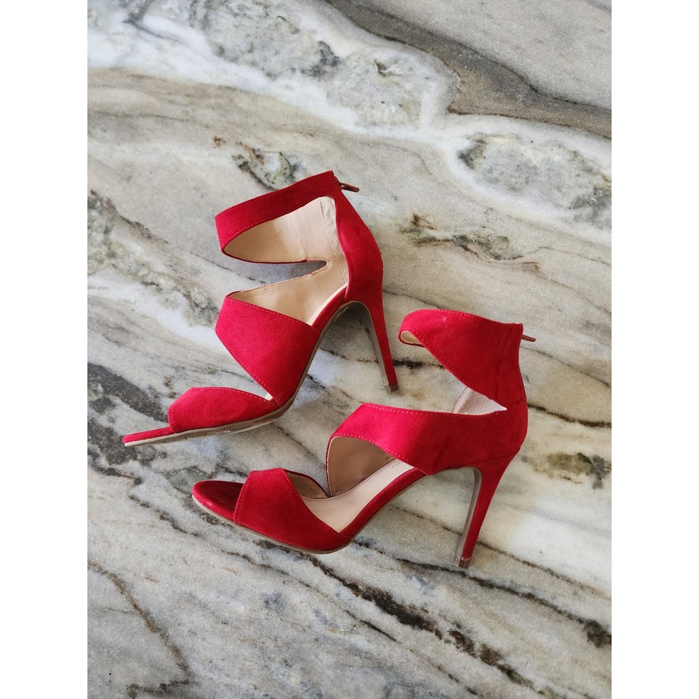 Christian Siriano Red Faux Suede Strappy Stiletto Heels Womens 7.5 Open Toe Zip